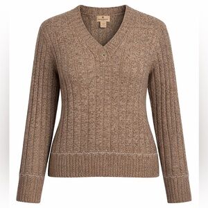 Woolrich Women’s Large Ribbed V-Neck Lambswool Blend Sweater Hickory Heather